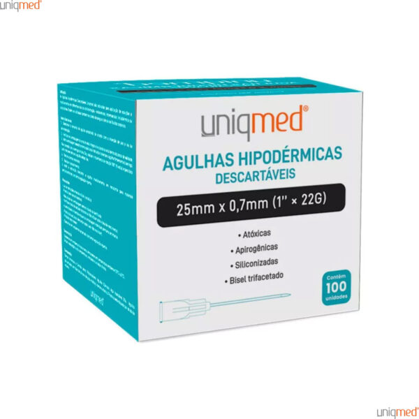 Kit 100 un Agulha HiPodérmica Descartável 25x0,7 22g Uniqmed